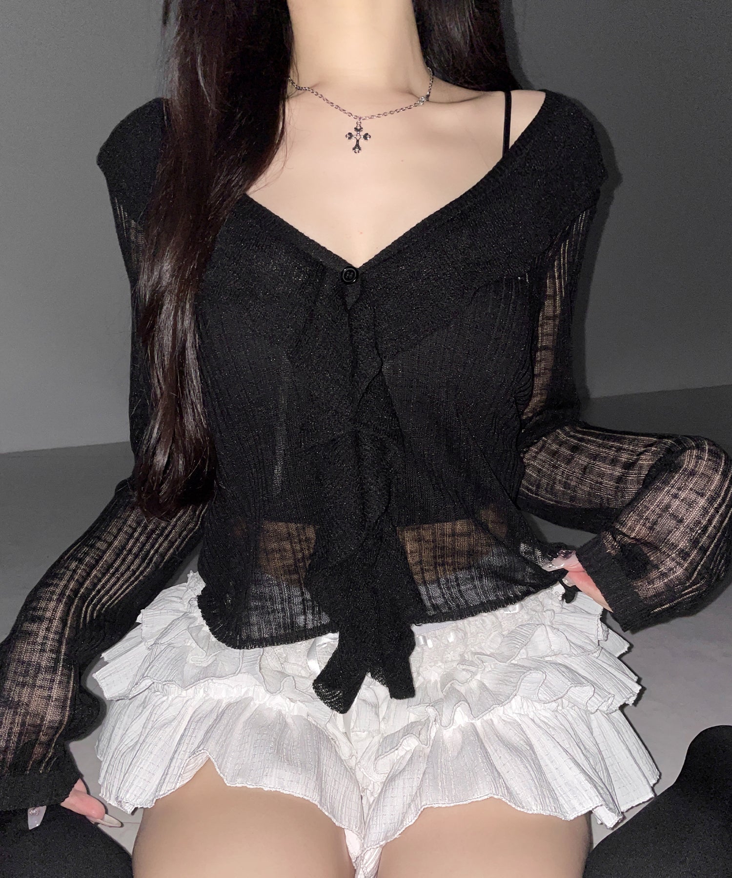 フリルシアールーズニットカーディガン / frill sheer loose knit cardigan