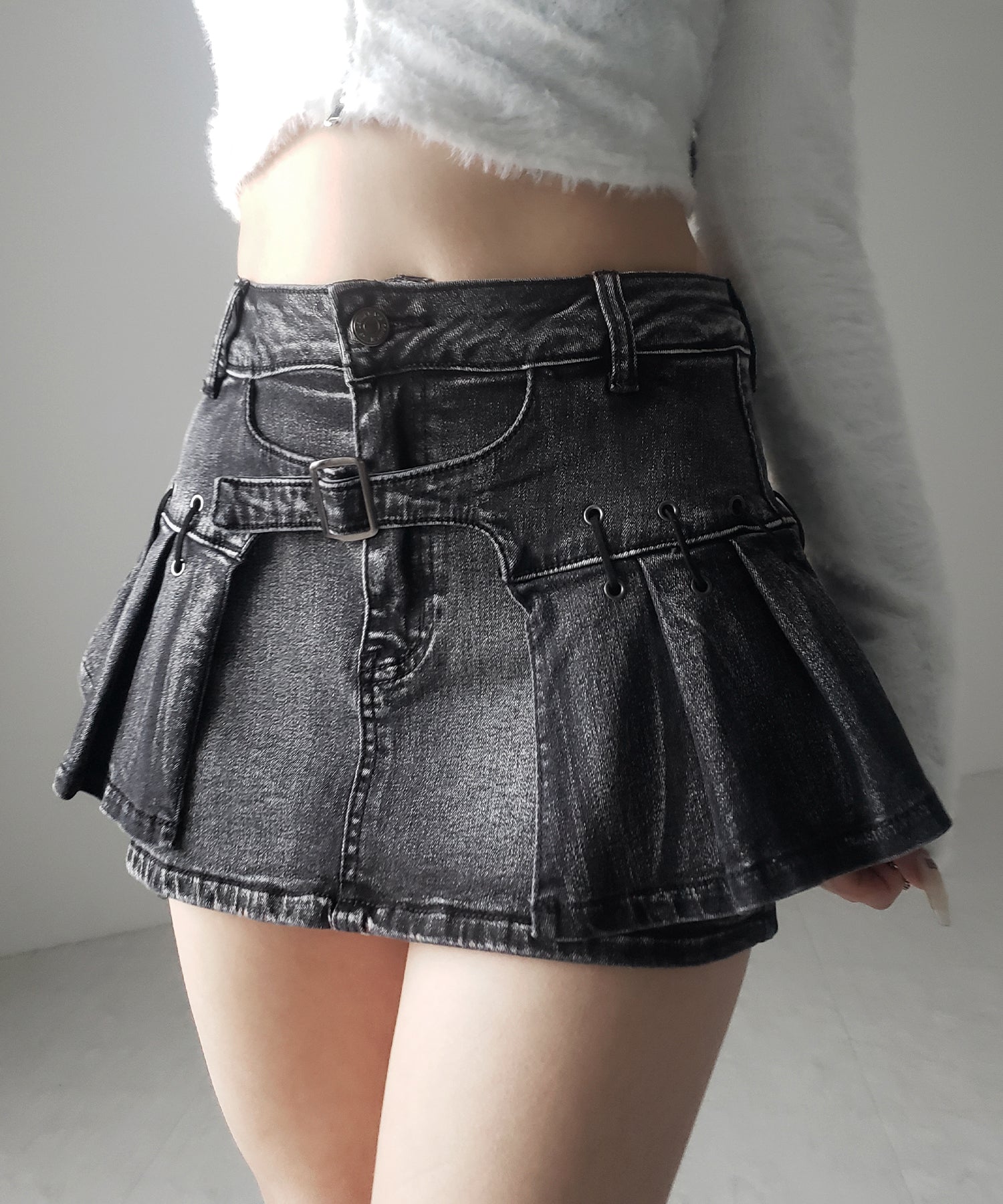 【 インパン裏地付 】ベルテッドマイクロプリーツデニムミニスカパン / belted micro pleats denim skirt pants