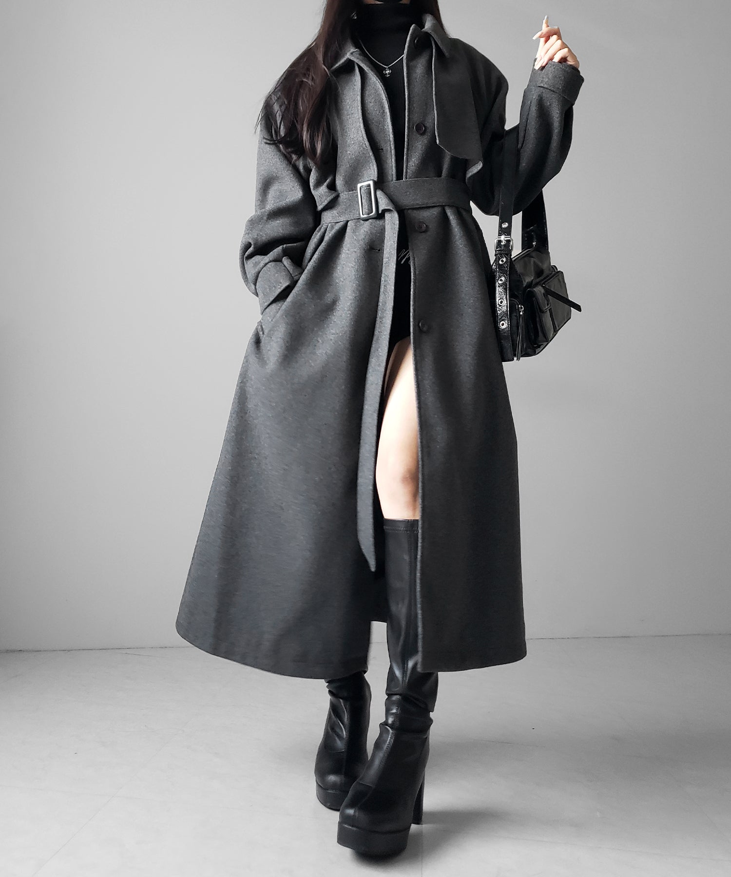 【 ウエストマークベルトSET 】2WAY ステンカラーレディメルトンロングコート / 2WAY soutien collar lady melton long coat