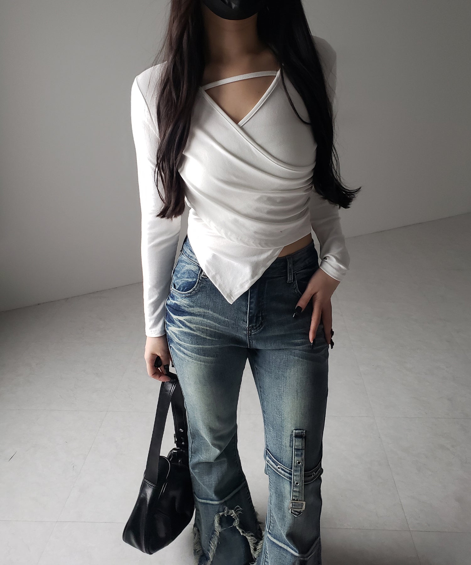 【 3color 】ラインストラップギャザークロスレイヤードトップス / line strap gather cross layered Tops