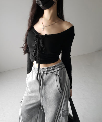 レースアップフロントリボンショートスリムトップス / lace up front ribbon short slim tops