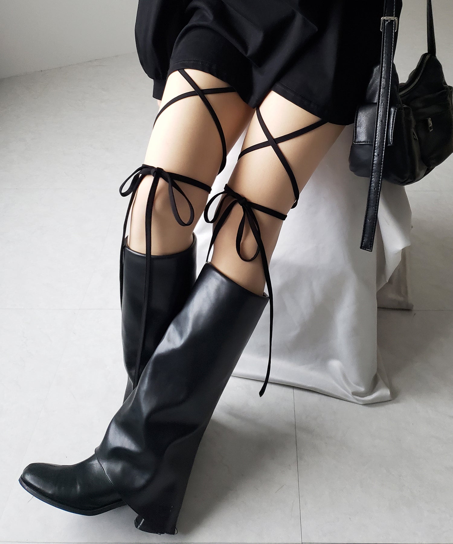 【 セルフカット調節可能 】クロスストラップリボンバイカーレギンスパンツ / cross strap ribbon biker leggings pants