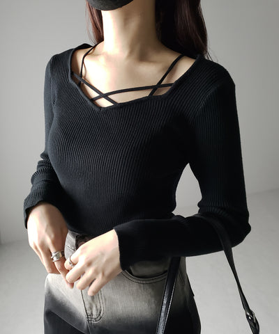 クロスラインストラップデザインリブニット