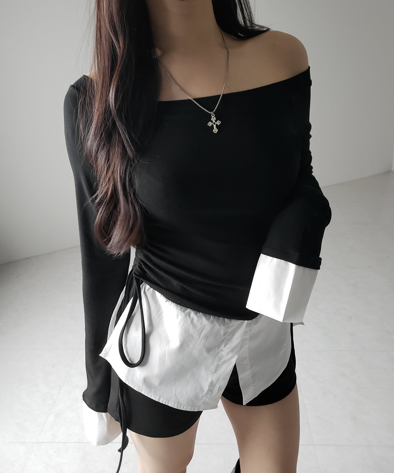 【 2WAY 】シャツドッキングサイドリボンワンショルトップス /shirt docking side ribbon oneshoulder tops