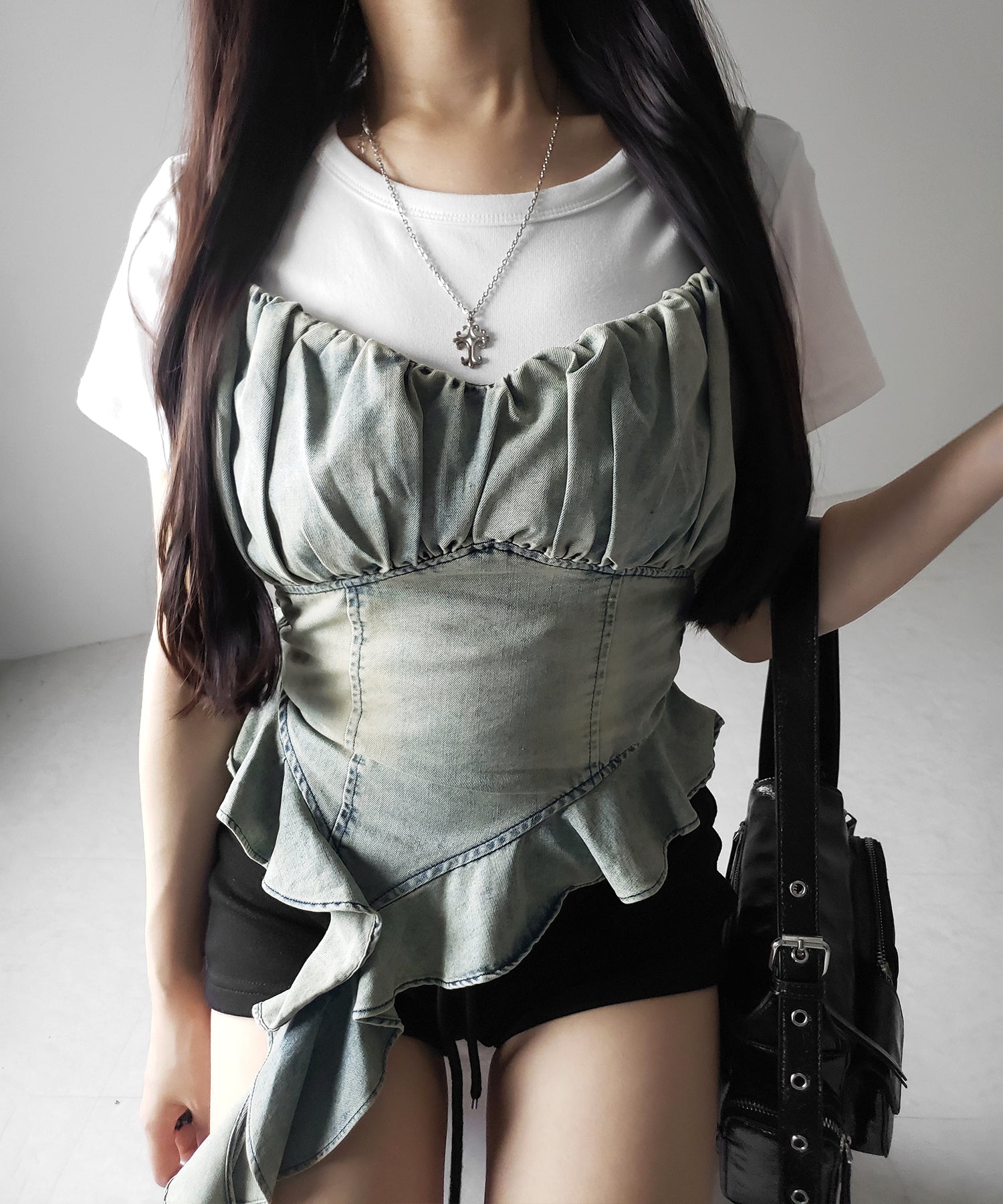 【 2点セット 】ヴィンテージデニムビスチェ & 半袖レイヤードTシャツセット / vintage denim bustier & short sleeve layered T-shirts set