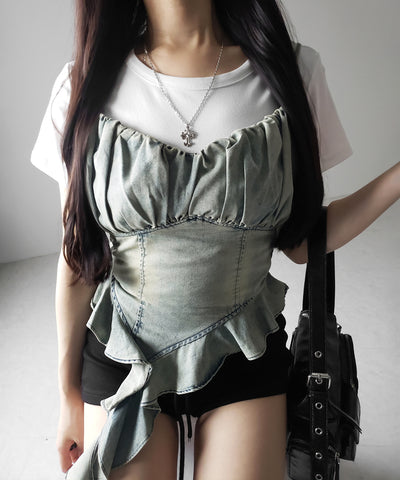 【 2点セット 】ヴィンテージデニムビスチェ & 半袖レイヤードTシャツセット / vintage denim bustier & short sleeve layered T-shirts set