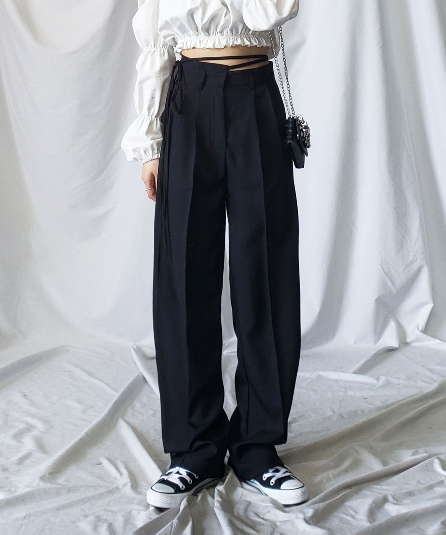 【 選べる4サイズ / 10色展開 】2WAY カットアウトリボンハイウエストタックスラックス