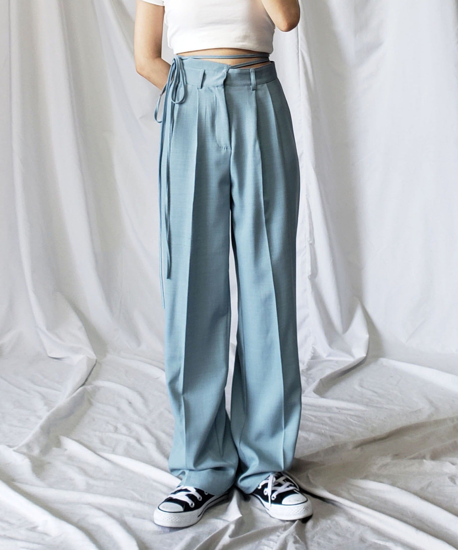 【 選べる4サイズ / 10色展開 】2WAY カットアウトリボンハイウエストタックスラックス