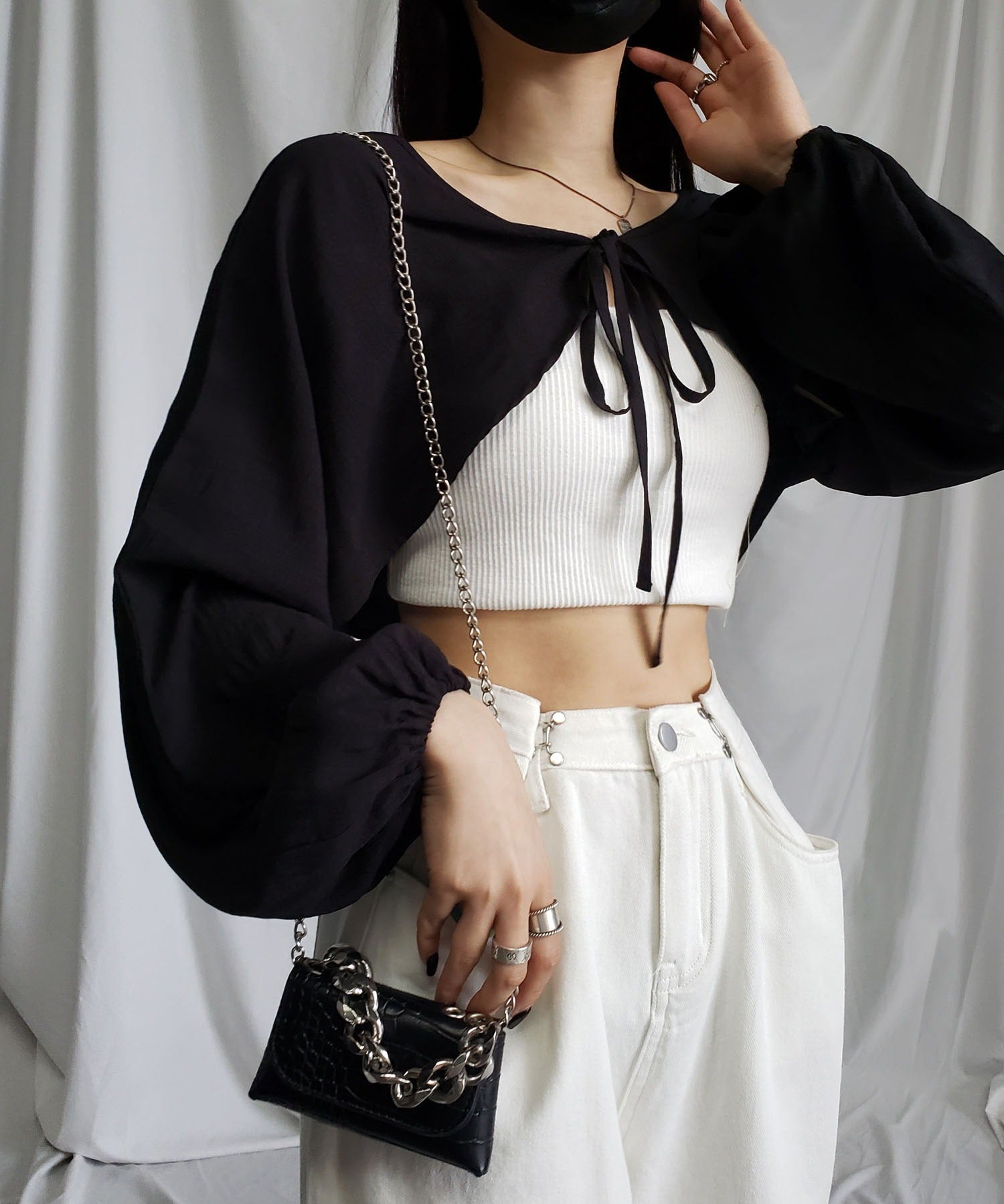 【 7color 】フロントリボンシャーリングショートボレロカーディガン