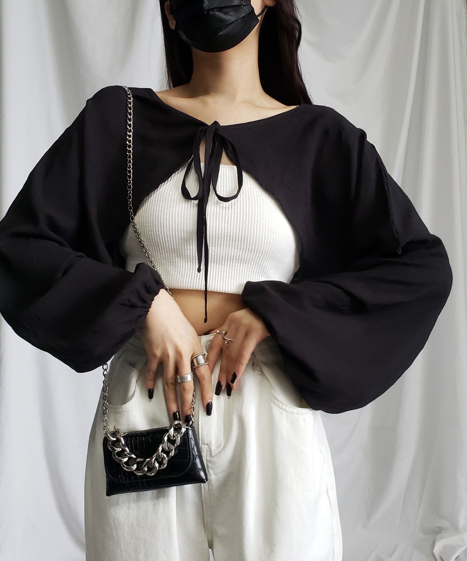 【 7color 】フロントリボンシャーリングショートボレロカーディガン