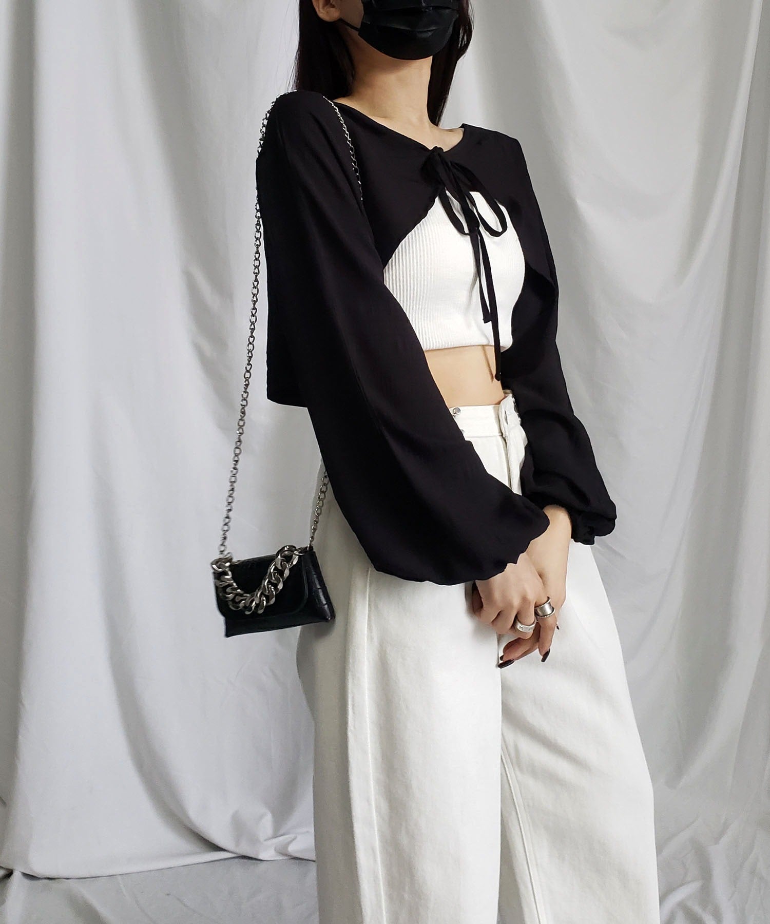 【 7color 】フロントリボンシャーリングショートボレロカーディガン