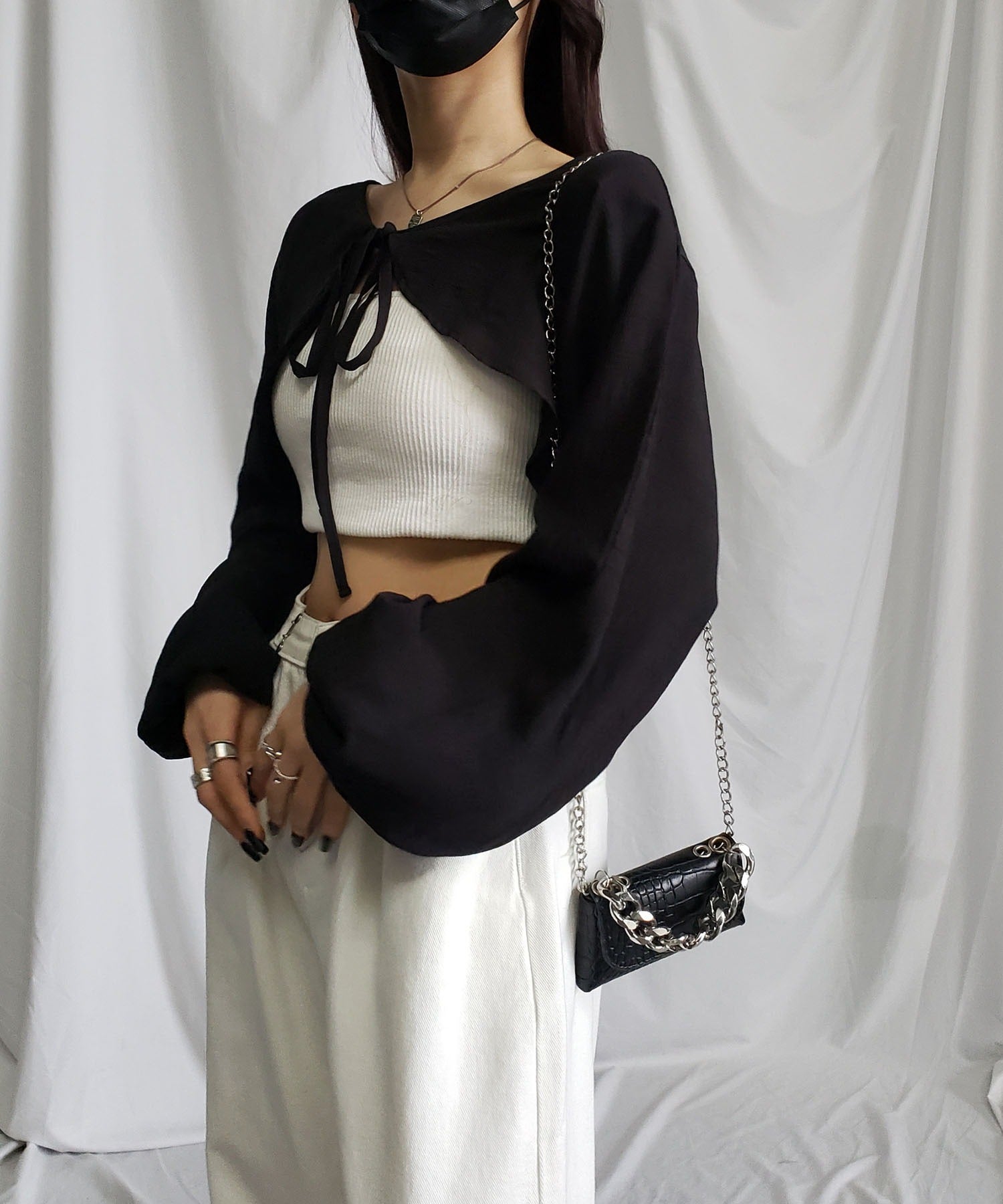 【 7color 】フロントリボンシャーリングショートボレロカーディガン