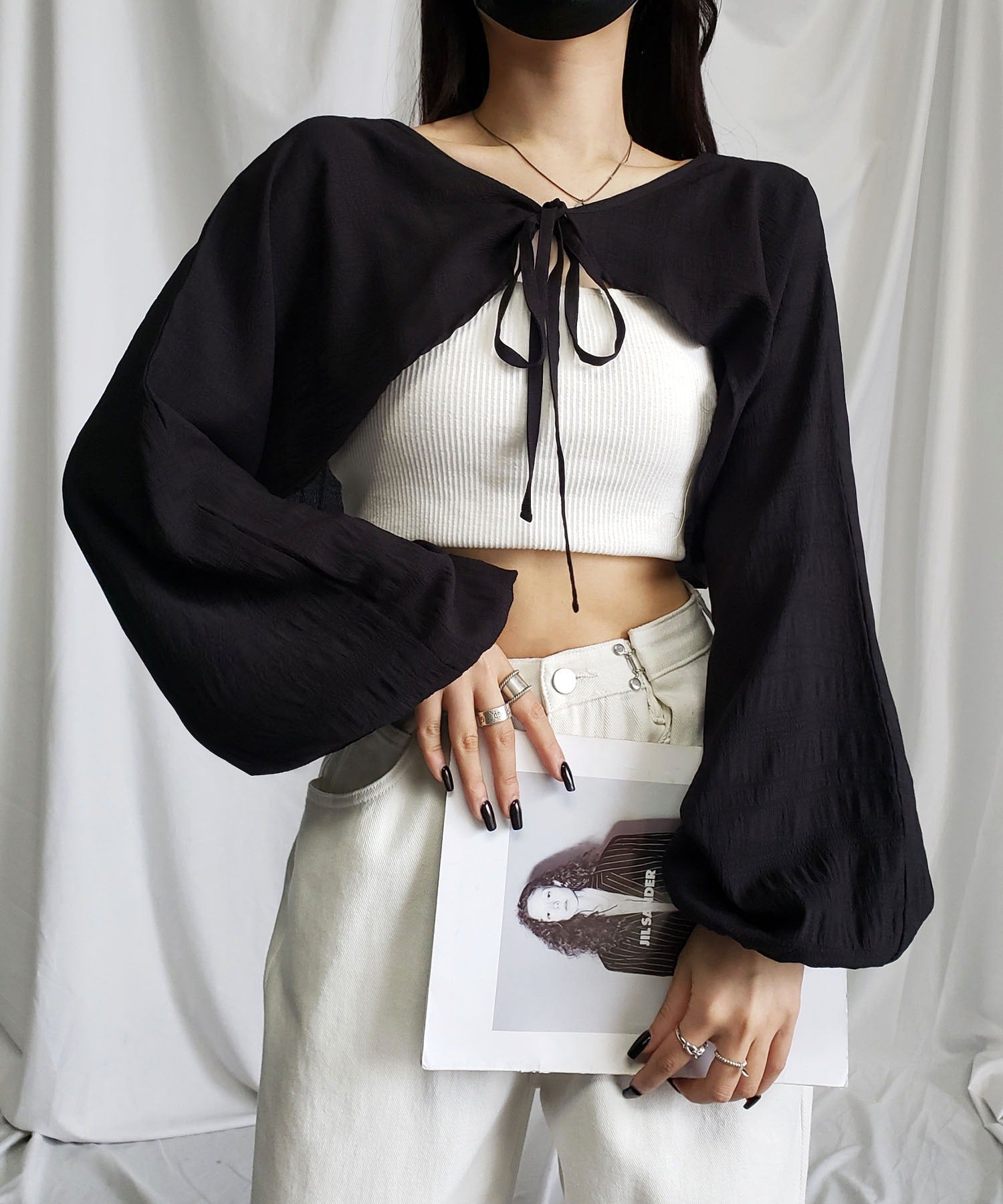 【 7color 】フロントリボンシャーリングショートボレロカーディガン