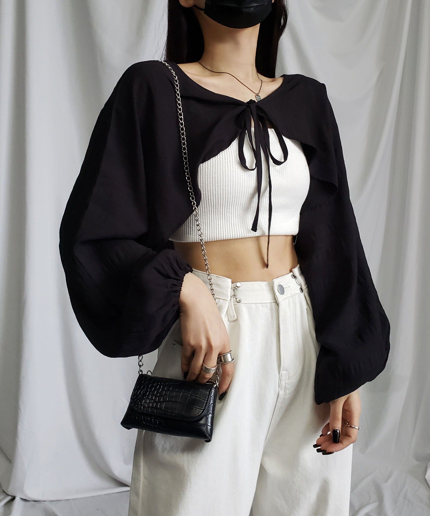 【 7color 】フロントリボンシャーリングショートボレロカーディガン