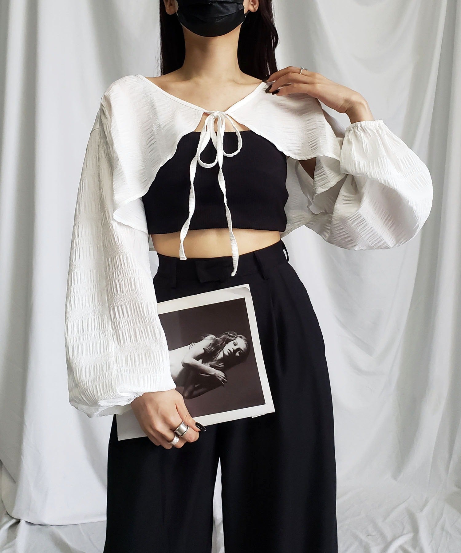 【 7color 】フロントリボンシャーリングショートボレロカーディガン