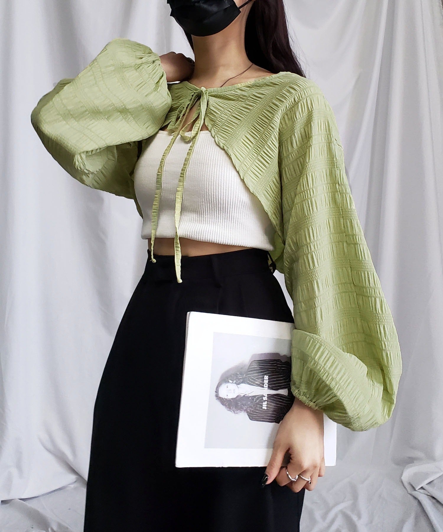 【 7color 】フロントリボンシャーリングショートボレロカーディガン