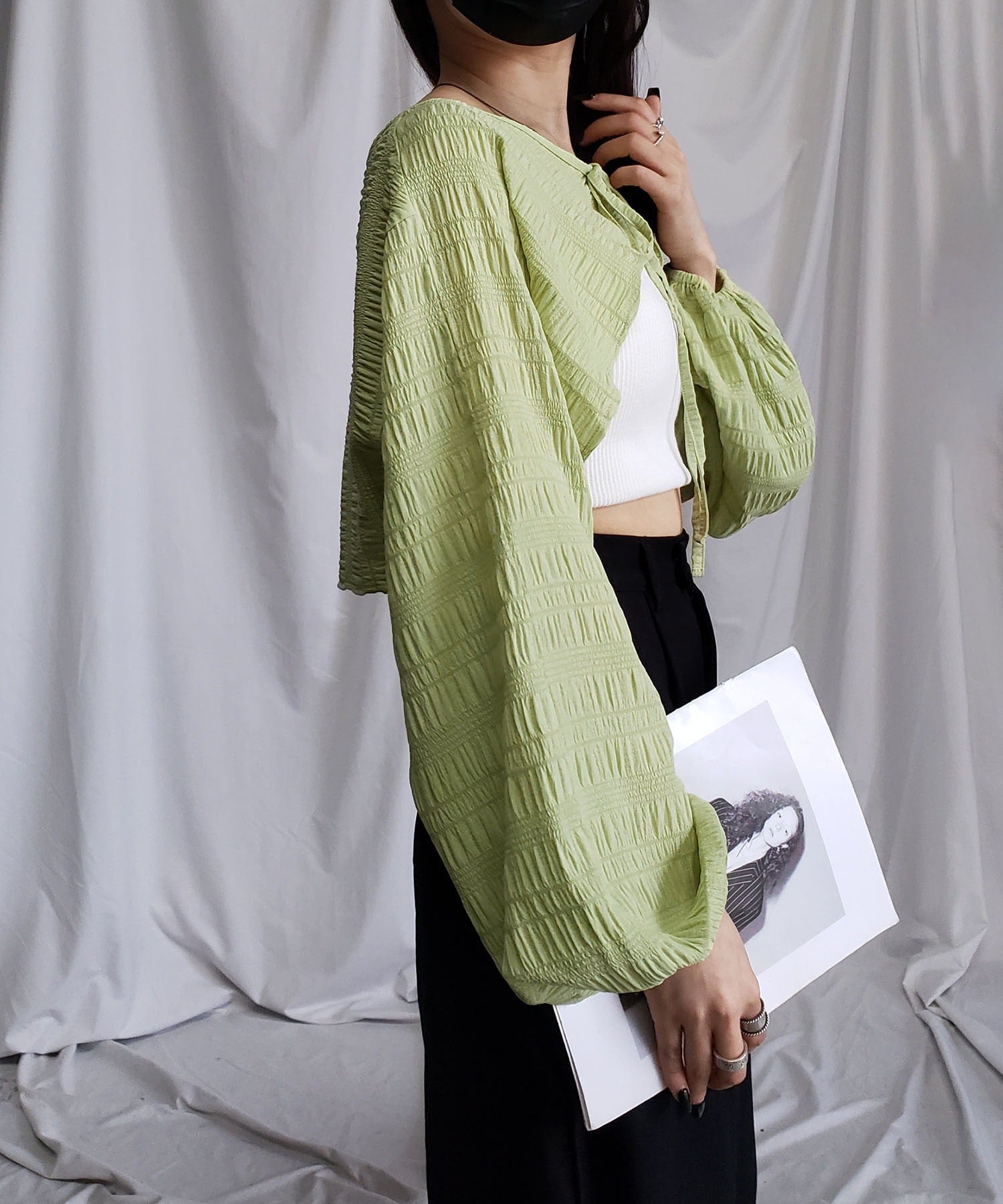 【 7color 】フロントリボンシャーリングショートボレロカーディガン