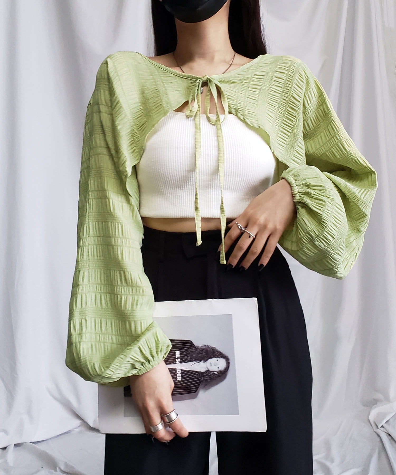 【 7color 】フロントリボンシャーリングショートボレロカーディガン