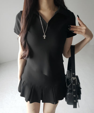 【 2点セット 】スキッパーネック半袖Tシャツ & プリーツミニスカート ワンホンセットアップ / skipper neck short sleeve T-shirt & pleated mini skirt wanghong setup