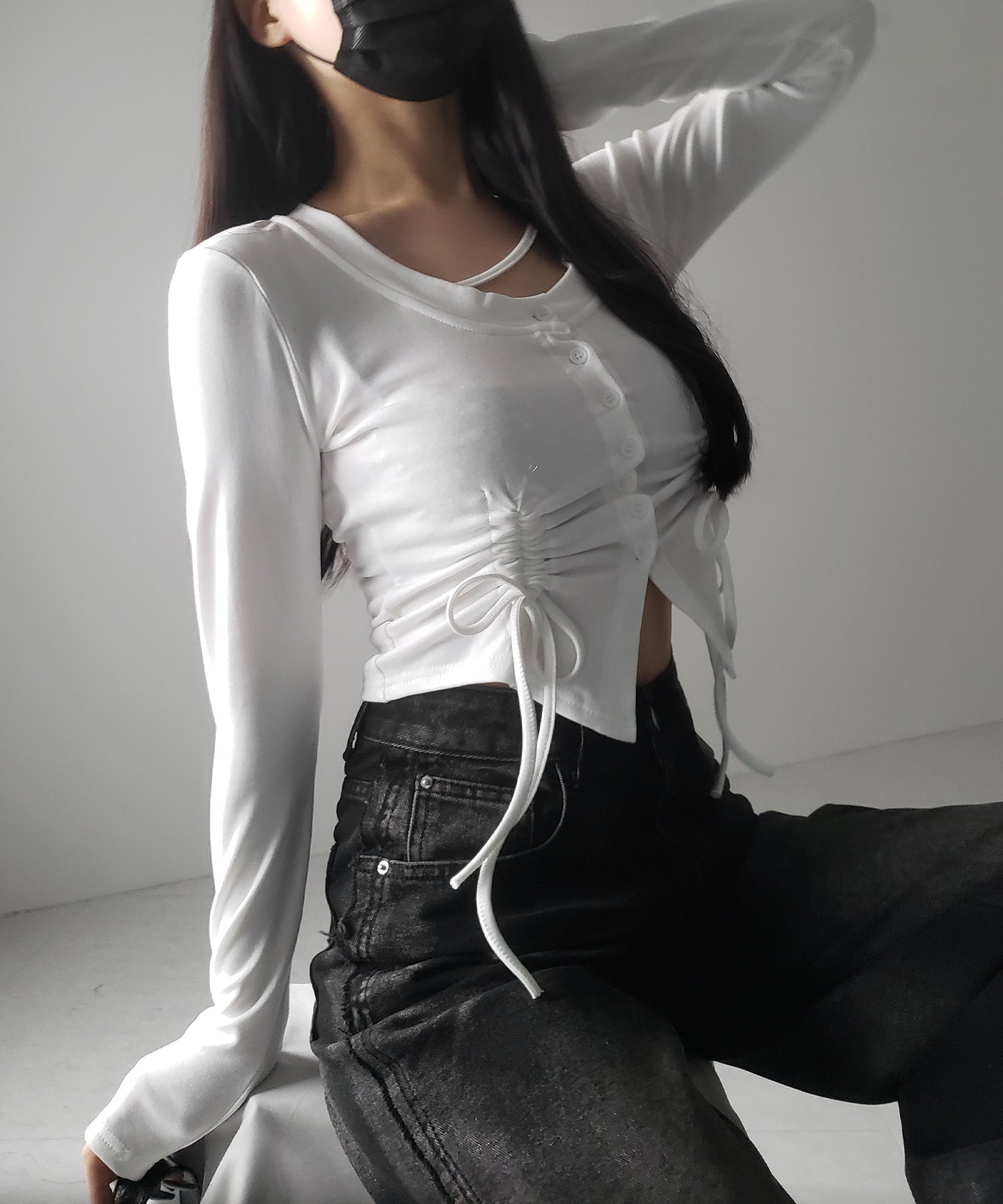 【 2color / 裏起毛 】ナナメストラップダブルシャーリングリボントップス / naname strap double shirring ribbon tops