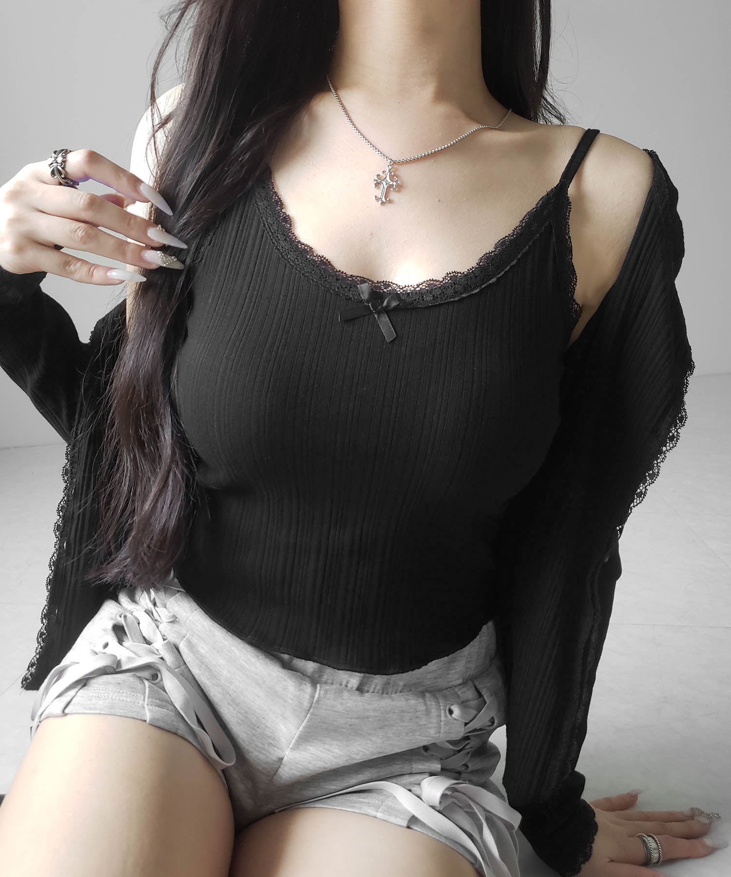 【 2点セット 】フロントリボンレース切替リブキャミソール + カーディガンセット /front ribbon lace lib camisole + cardigan SET
