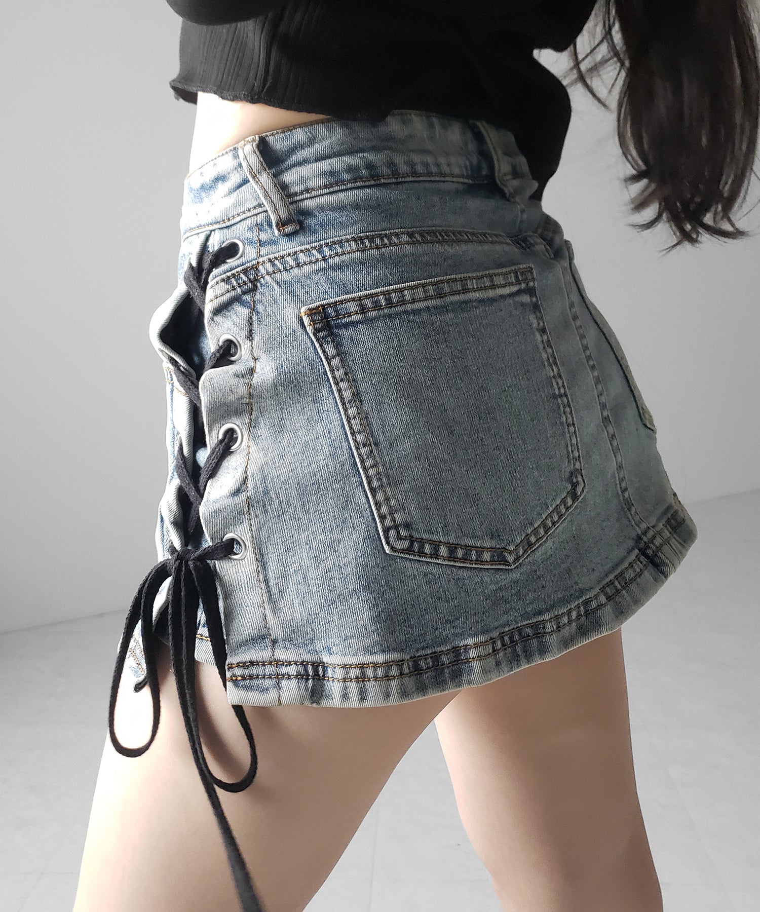 【 インパン裏地付き 】レースアップマイクロデニムミニスカパン / Lace-up micro denim mini skirt pants