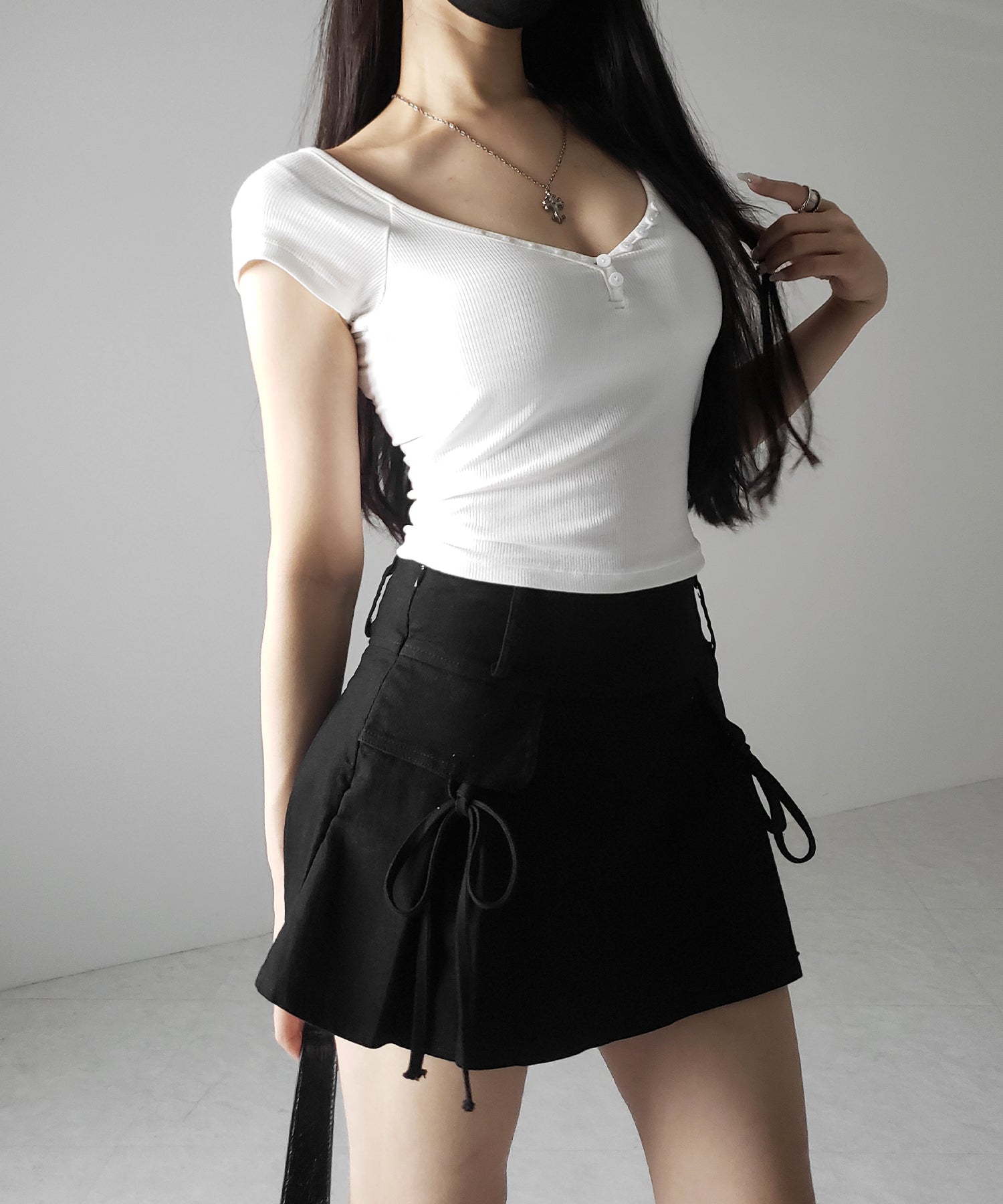 【 2color / 3size 】ヴィンテージライクリボンデニムミニスカパン / vintage like ribbon denim mini skirt pants