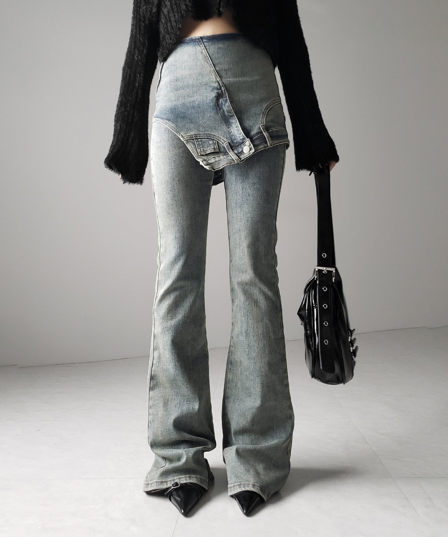 【 2color / 4size 】レイヤードウエストヴィンテージフレアデニム /layered waist vintage flare denim