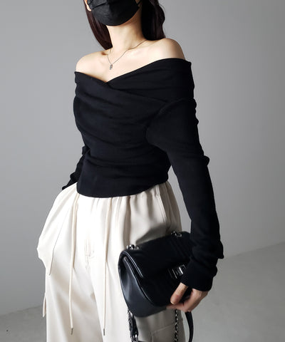 タックデザインドレープオフショルダーリブニット