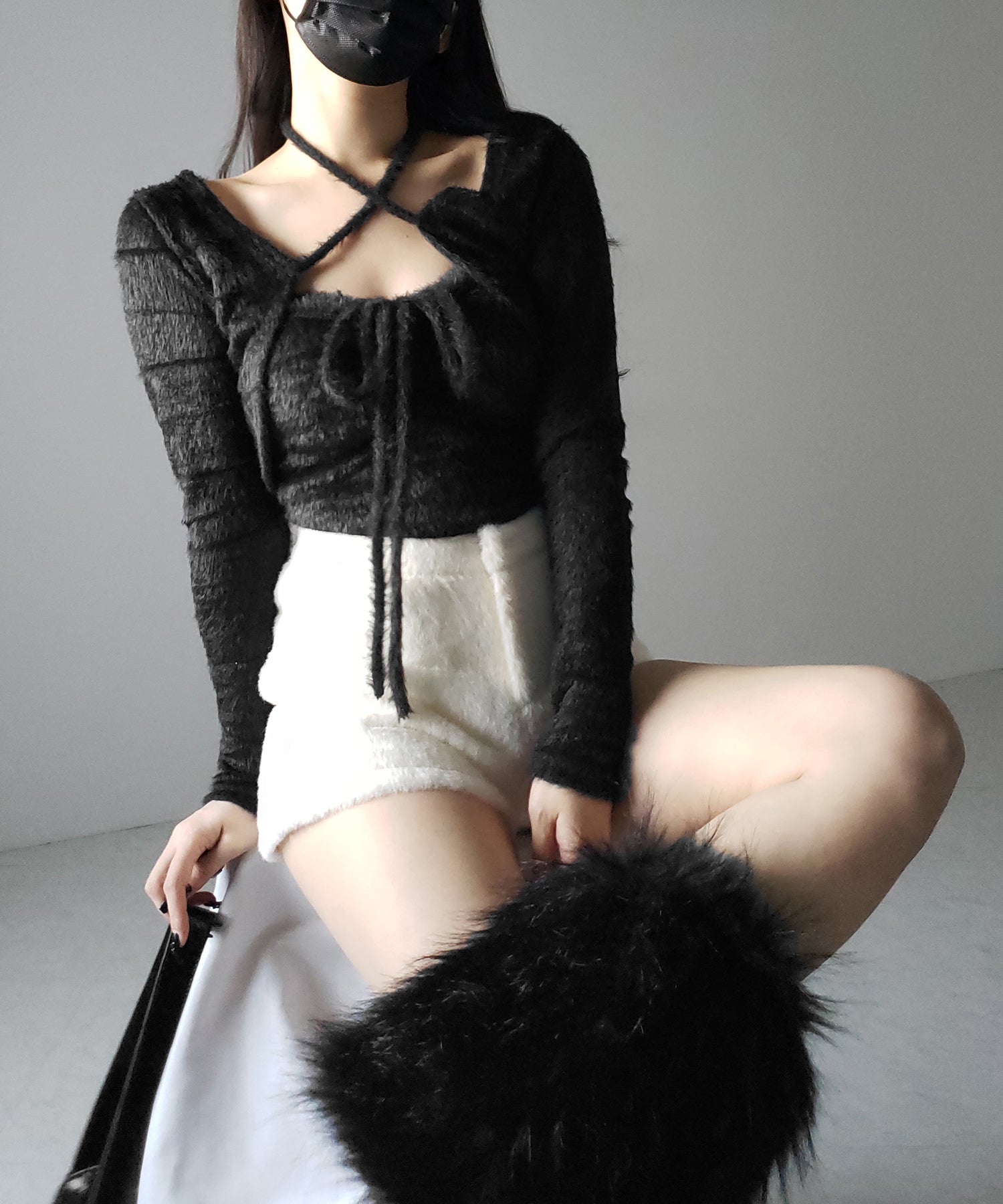 【 2点セット 】シャギーリボンベアトップス & ショートシャギーカーディガン SET / Shaggy ribbon bare tops & short shaggy cardigan