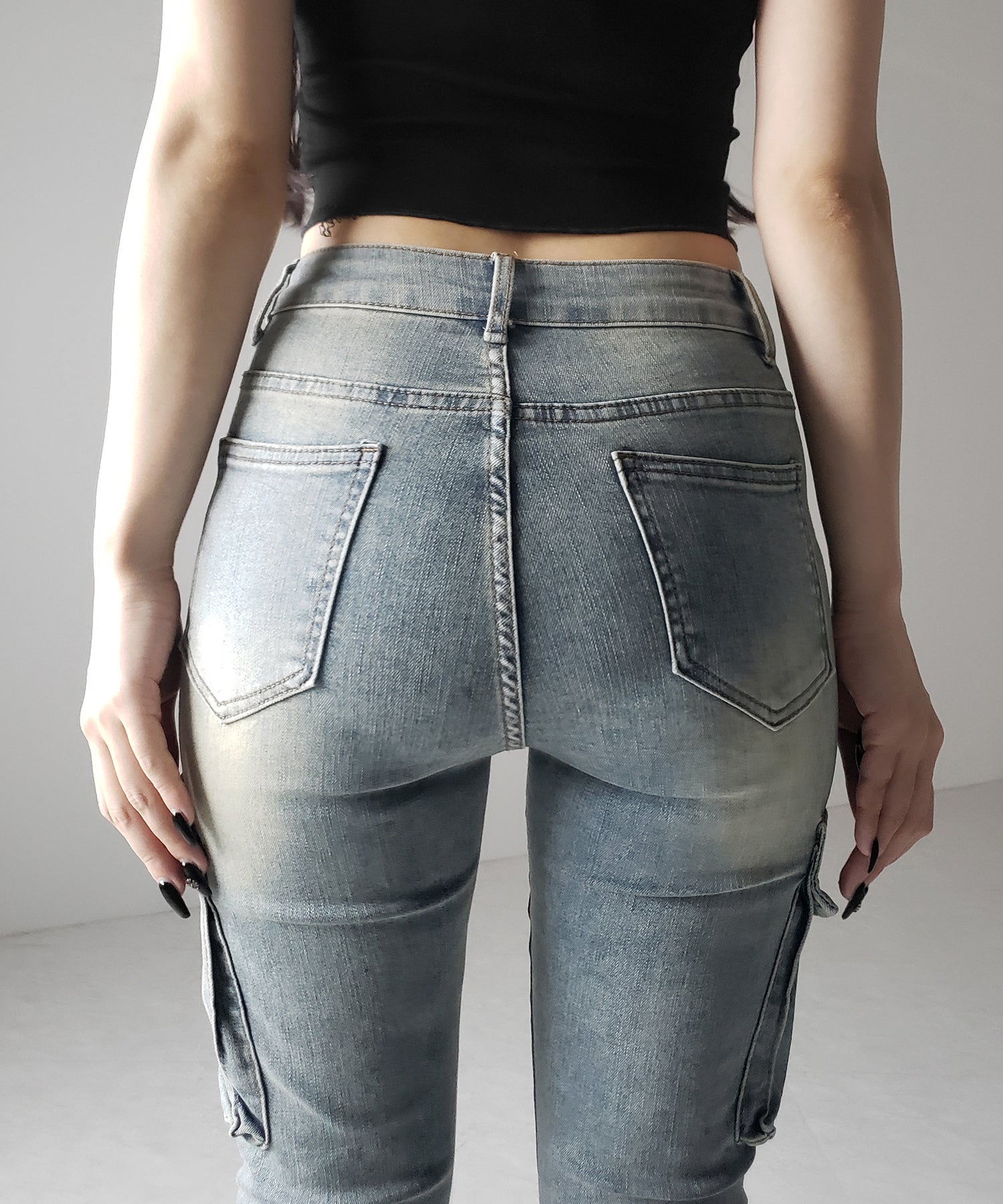 【 2color / 4size 】カーゴデザインヴィンテージライクダメージストレッチフレアデニム / cargo design vintage-like damage stretch flare denim