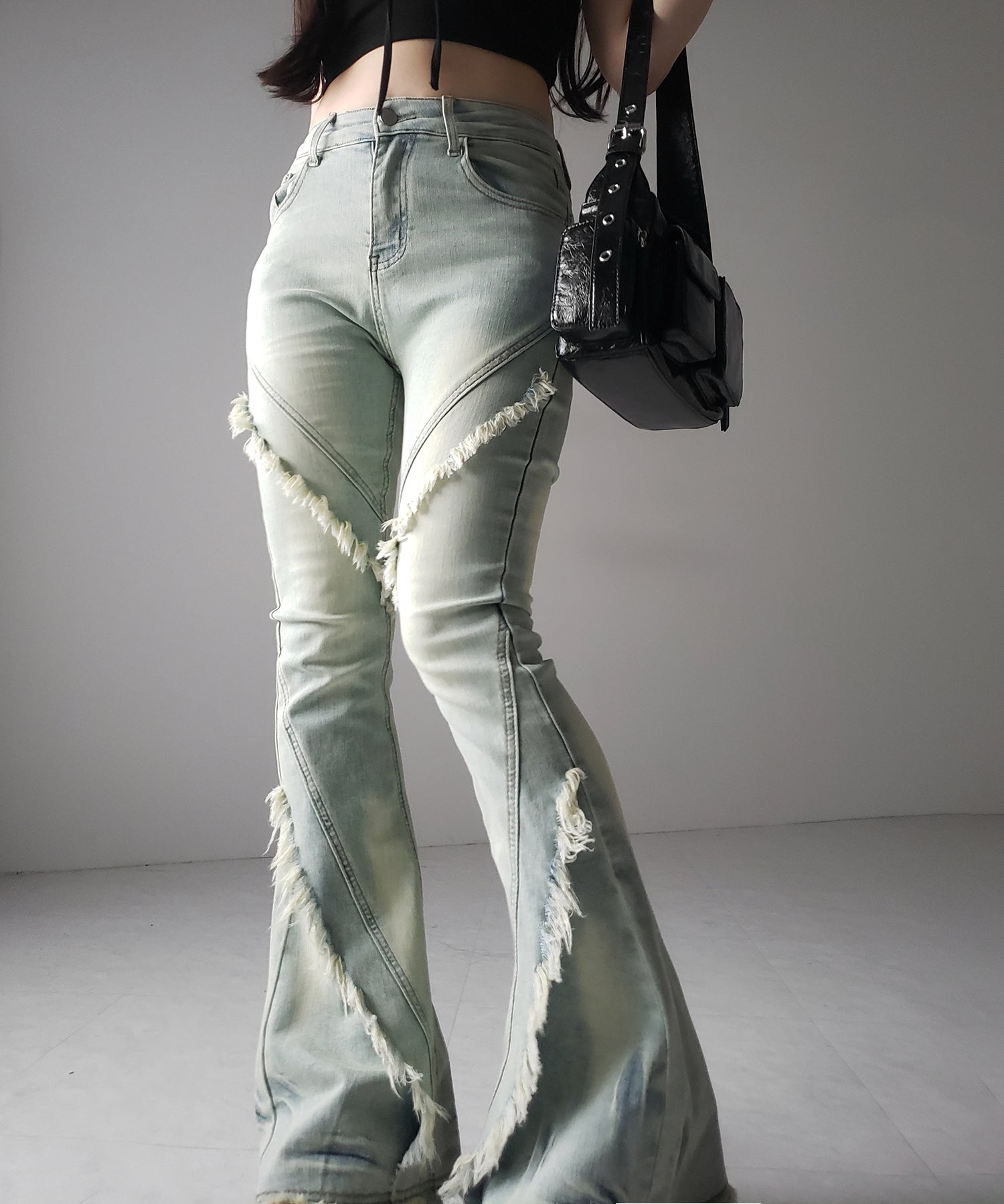 【 2color / 4size 】フリンジデザインヴィンテージライクストレッチフレアデニム / fringe design vintage-like stretch flare denim