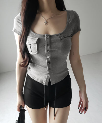 アウトポケットスクエアネックスリムTシャツ /Out pocket square neck slim T-shirt