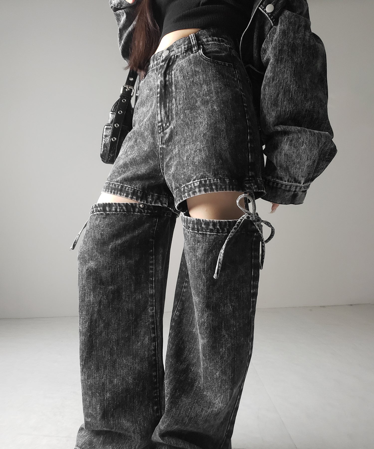【 セットアップ着用可能 】2WAYヴィンテージケミカルブリーチカットアウトリボンデニム / 2WAY vintage chemical bleach cutout ribbon denim