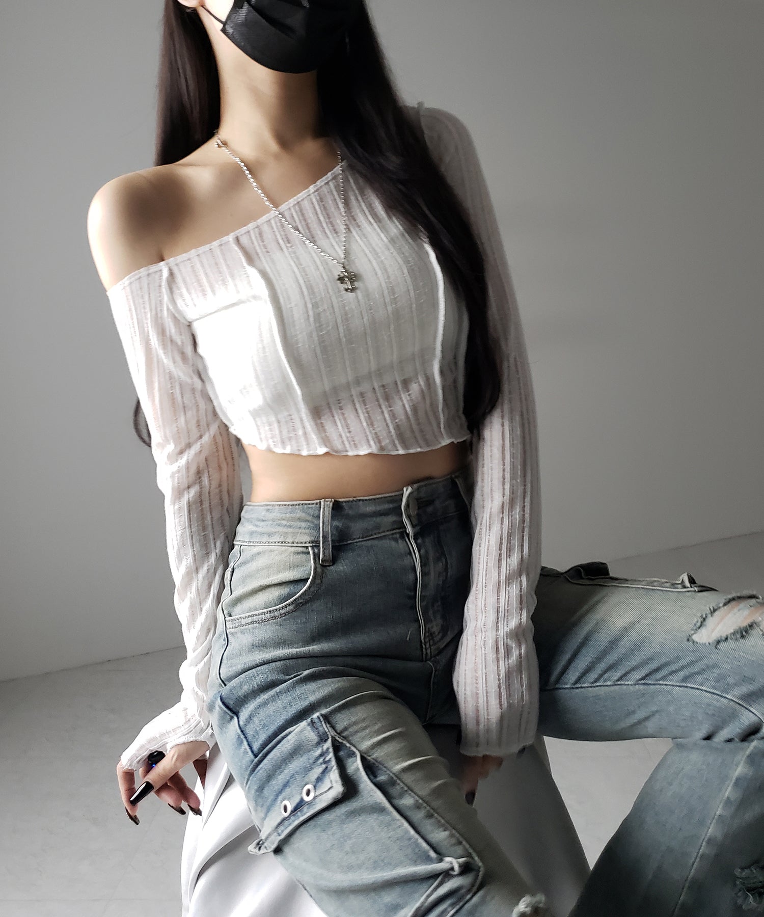 アウトステッチワンショルシアーリブカットソートップス / outstitch one shoulder sheer rib cutsew tops