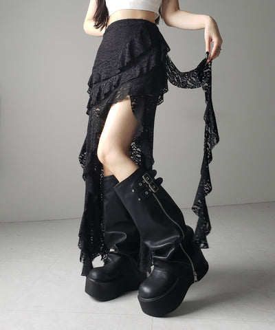 【 裏地付 】アシンメトリーフリルレーススリットロングスカート / asymmetry frill lace slit long skirt