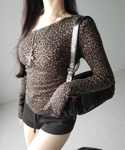 レオパードワンショルシャーリングリブカットソートップス / leopard one shoulder shirring rib cutsew tops