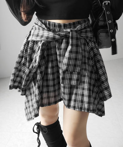 【 選べる2素材/インナーパンツ裏地付 】シャツレイヤードチェックミニスカート / shirt layered check mini skirt