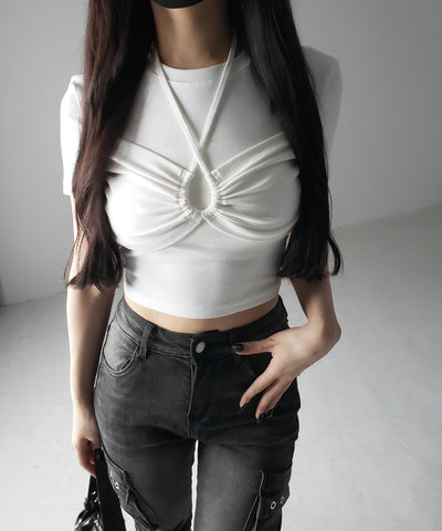 クロスネックレイヤードシャーリングTシャツ / cross neck layered shirring T-shirt