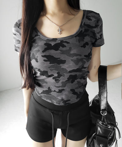 ヴィンテージカモフラスクエアネックショートTシャツ / vintage camouflage square neck short T-shirt