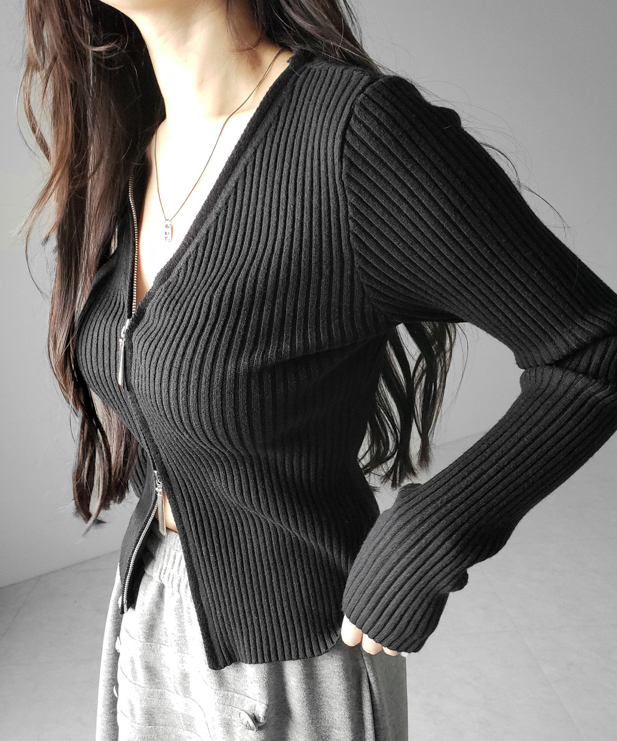ダブルジップスリムリブニットカーディガン / double zip slim rib knit cardigan
