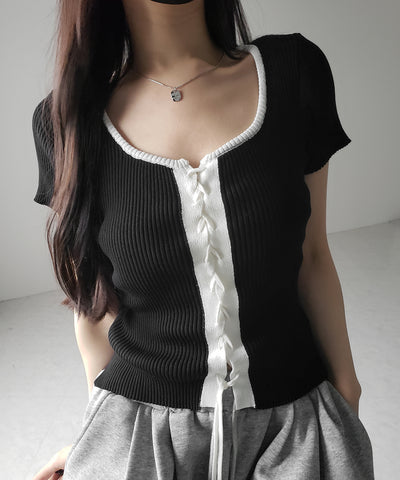 半袖レースアップスリムニットトップス / short-sleeve lace up slim knit tops