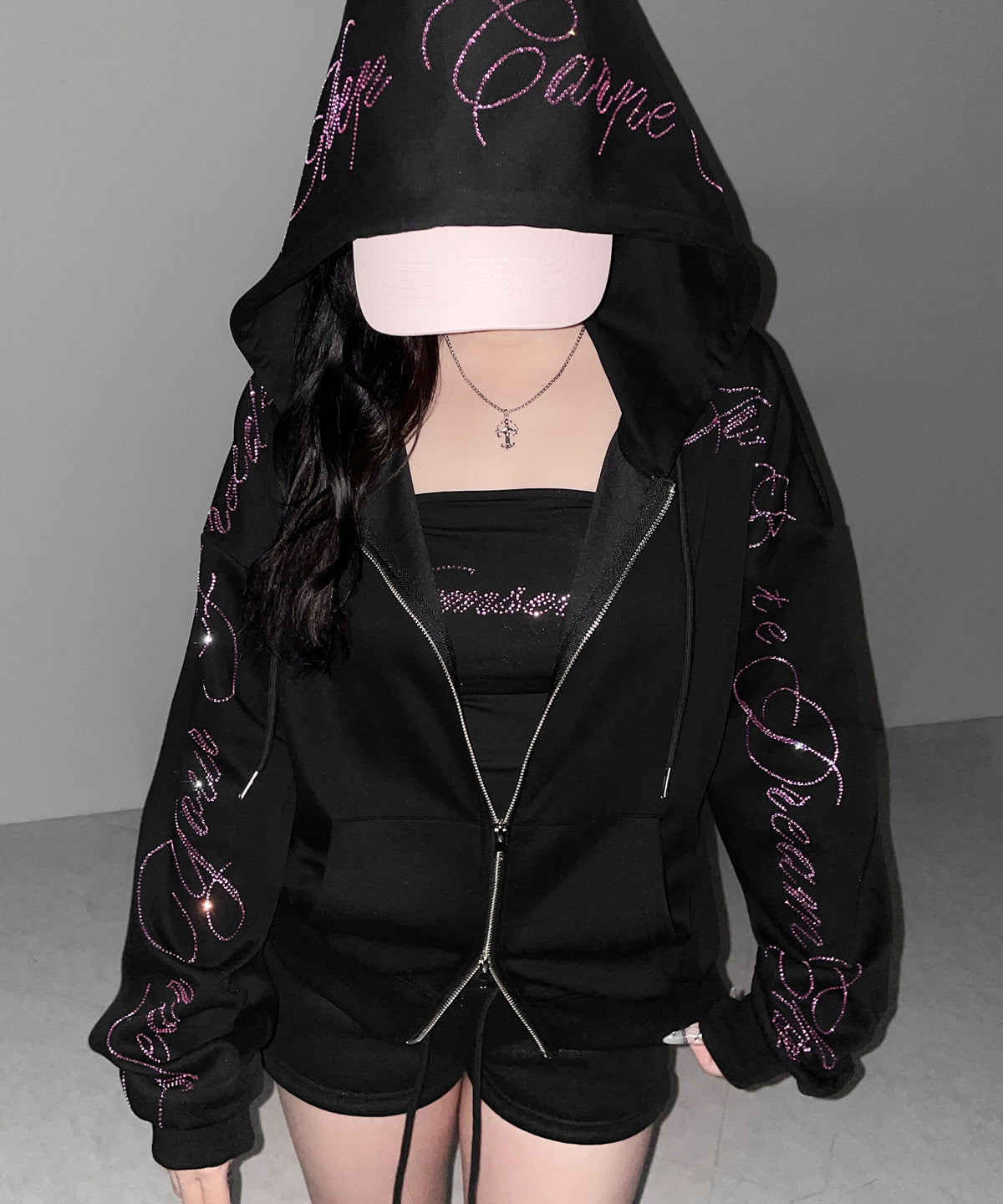 【 セットアップ可能 】ラインストーンロゴダブルジップパーカー / Rhine stone logo double zip hoodie