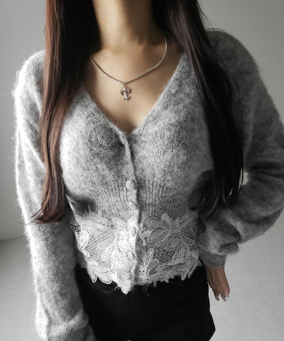 レースドッキングモヘアライクニットカーディガン / Lace docking mohair-like knit cardigan