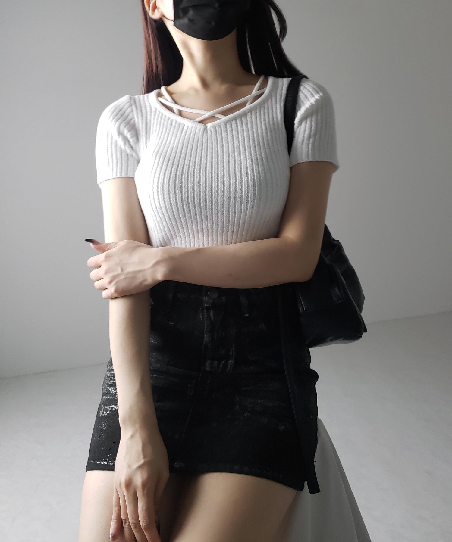 半袖クロスラインストラップデザインリブニット