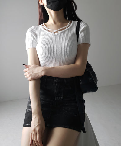 半袖クロスラインストラップデザインリブニット