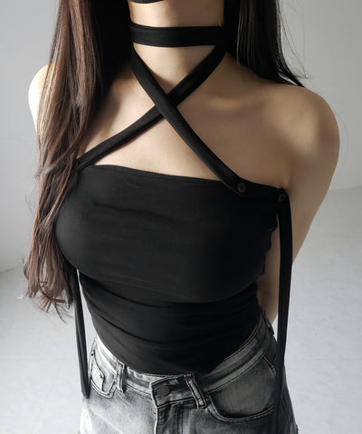 【 カップ付 】ロングチョーカークロスネックキャミソール / long choker cross neck camisole