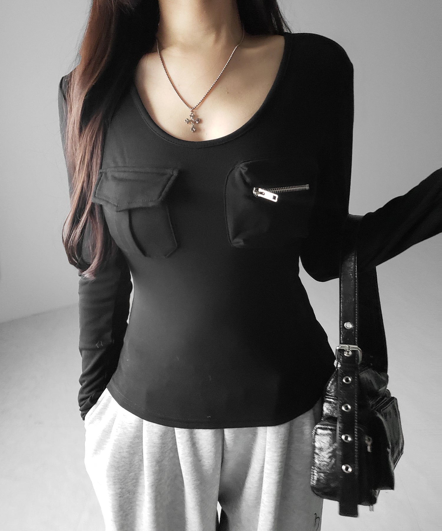 【 裏起毛 】アウトポケットオープンネックスリムトップス / out pocket open neck slim tops