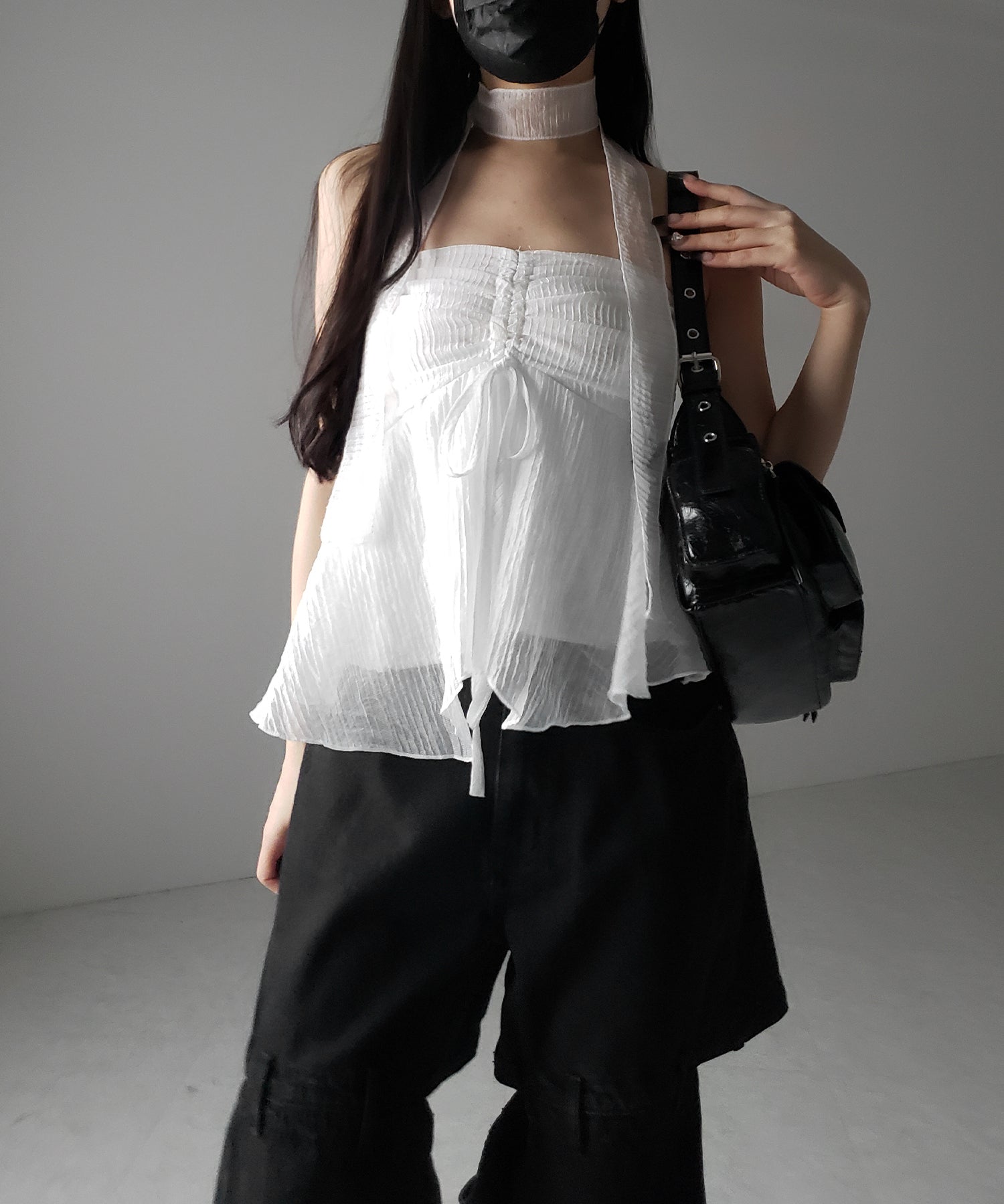 【 チョーカータイ付 】シャーリングリボンペプラムシフォンビスチェトップス / choker tie set shirring ribbon peplum chiffon bustier tops
