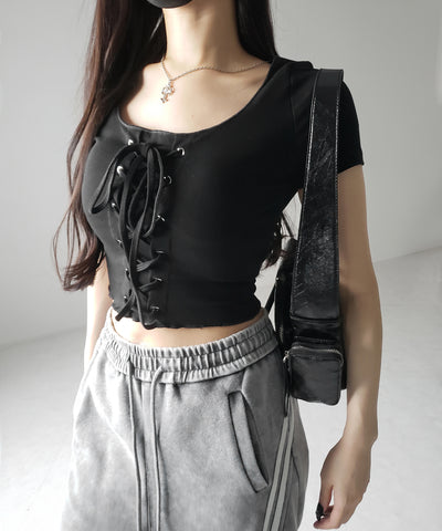 レースアップフロントリボン半袖ショートTシャツ / lace up front ribbon short sleeve short slim T-shirt